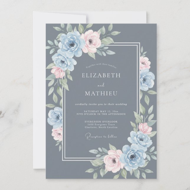 Invitation Mariage Botanique givré Bleu Ardoise (Devant)