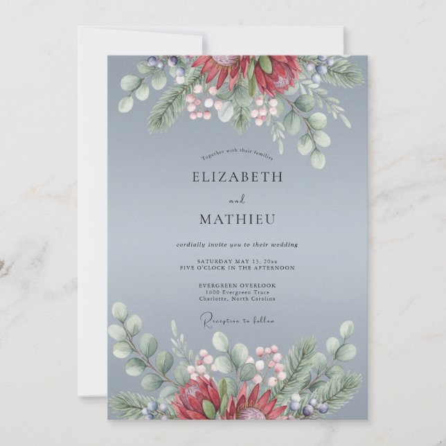 Invitation Mariage Botanique givré Bleu Ardoise (Devant)