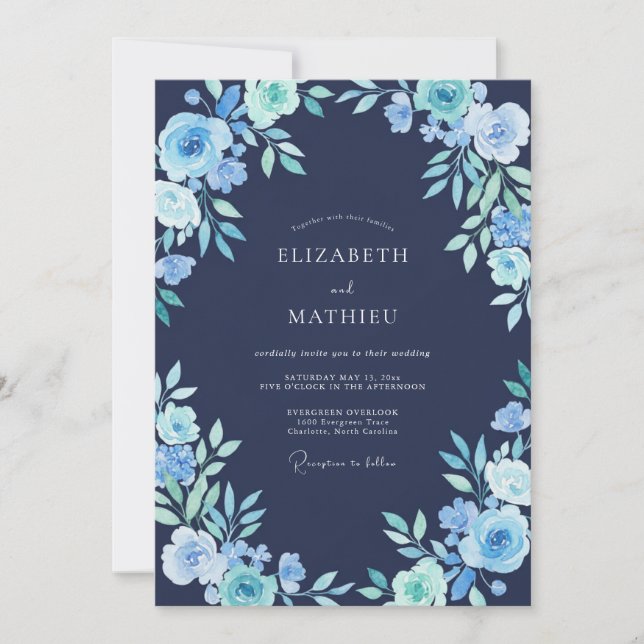 Invitation Mariage Botanique Givré Bleu Marine (Devant)