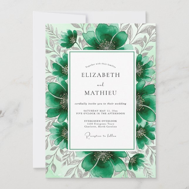 Invitation Mariage botanique givré vert émeraude (Devant)