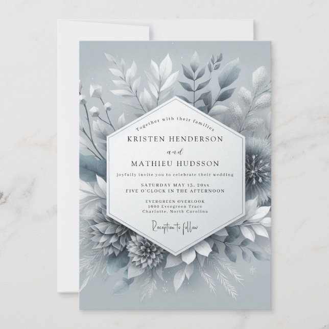 Invitation Mariage Botanique Glacé Bleu Ardoise (Devant)
