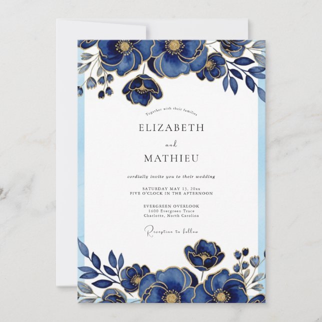 Invitation Mariage Botanique Glorieux Bleu Royal (Devant)