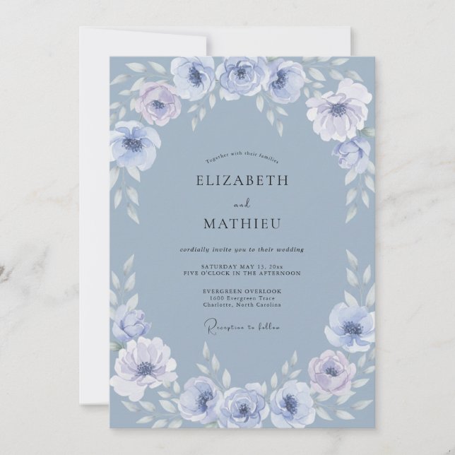 Invitation Mariage Botanique Gracieux Bleu Acier (Devant)