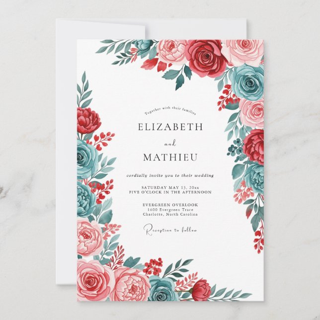Invitation Mariage Botanique Gracieux Rouge Turquoise (Devant)