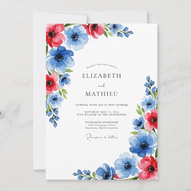 Invitation Mariage Botanique Gras Bleu Rouge (Devant)