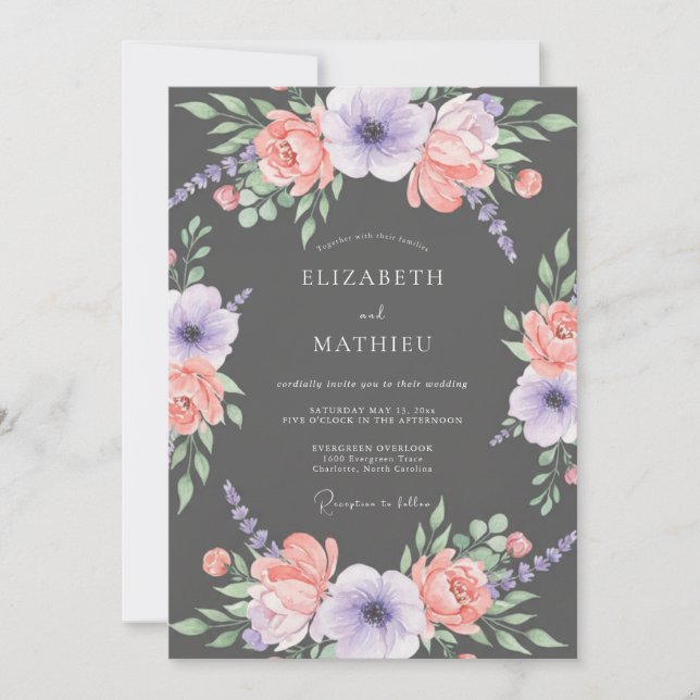 Invitation Mariage Botanique Gras Gris Charbon (Devant)