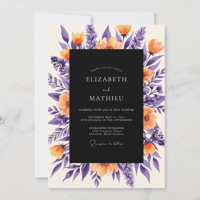 Invitation Mariage Botanique Gras Orange Violet Profond (Devant)