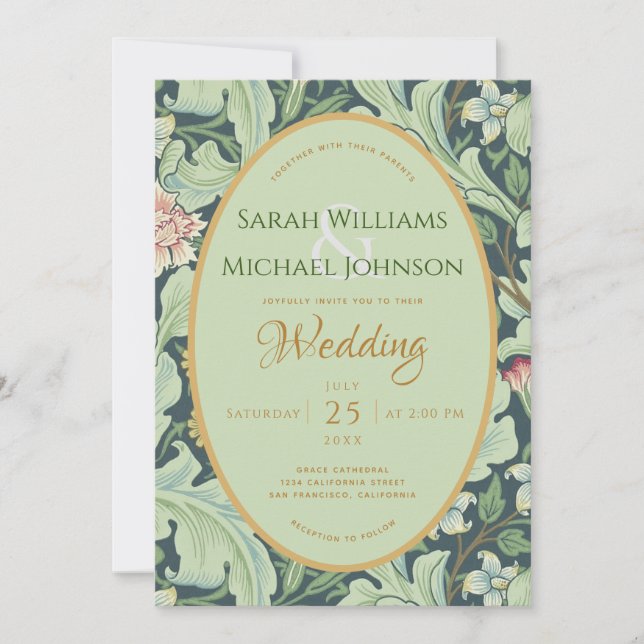 Invitation Mariage botanique Green Feuille Gold Mint Vintage (Devant)