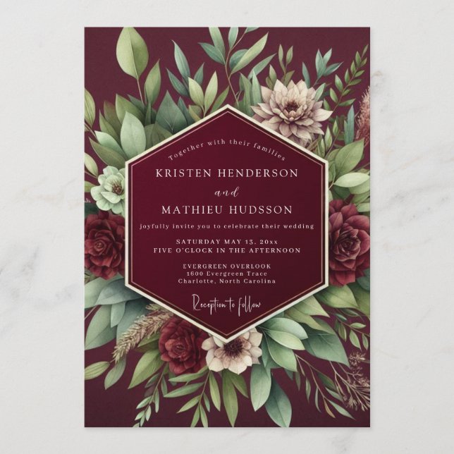 Invitation Mariage Botanique Grenat Luxueux (Devant)