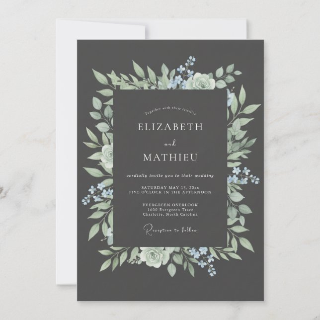 Invitation Mariage Botanique Gris Charbon Impeccable (Devant)