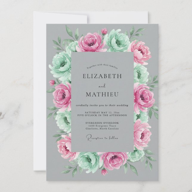 Invitation Mariage Botanique Gris Rose Menthe (Devant)