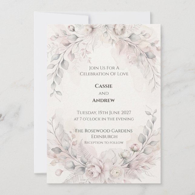 Invitation Mariage Botanique Gris Rose Tendre (Devant)