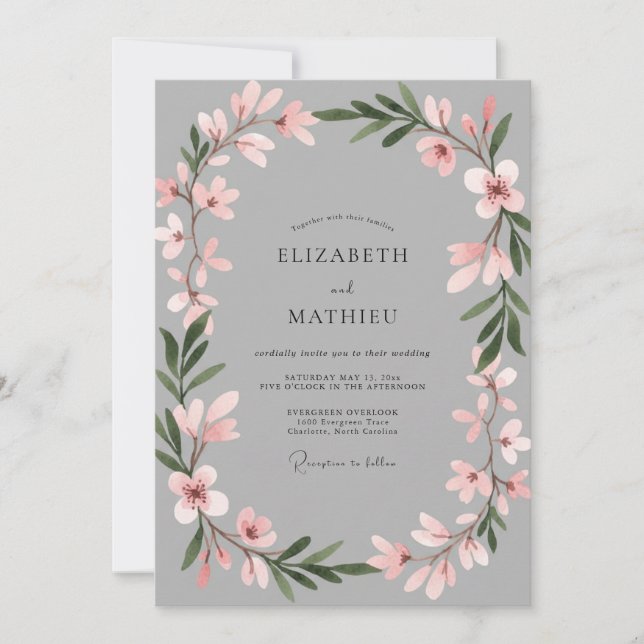 Invitation Mariage Botanique Gris Rose Tendre (Devant)