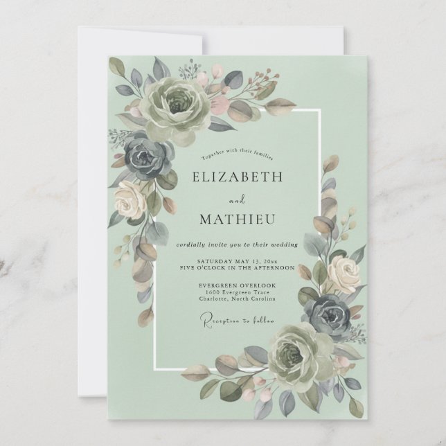 Invitation Mariage Botanique Gris Sauge (Devant)