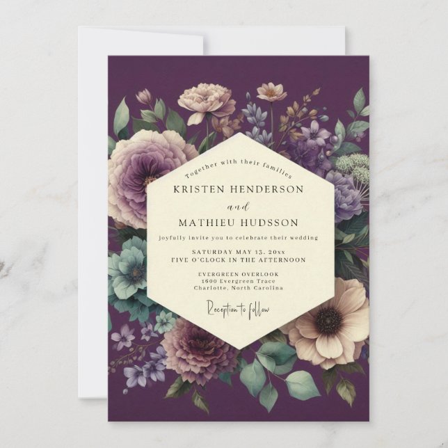Invitation Mariage Botanique Harmonieux Aubergine (Devant)