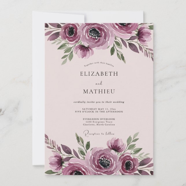 Invitation Mariage Botanique Harmonieux Mauve (Devant)