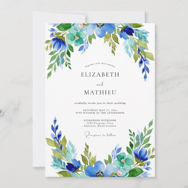 Invitation Mariage botanique harmonieux sarcelle et azur (Devant)