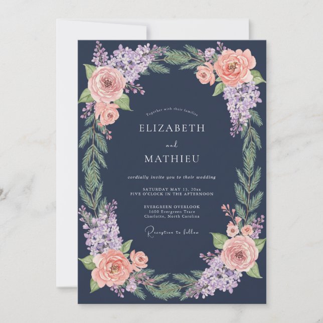 Invitation Mariage botanique hivernal bleu marine (Devant)