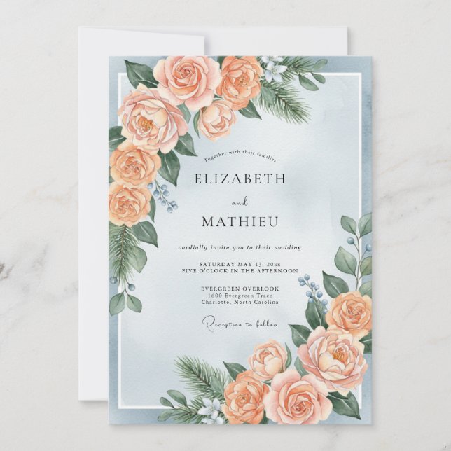 Invitation Mariage Botanique Hivernal Bleu Poudré (Devant)
