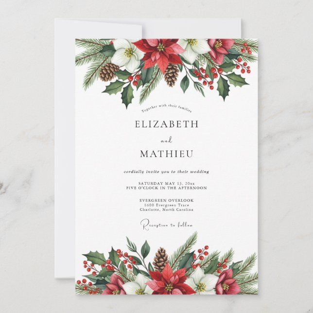 Invitation Mariage botanique hivernal rouge solennel (Devant)