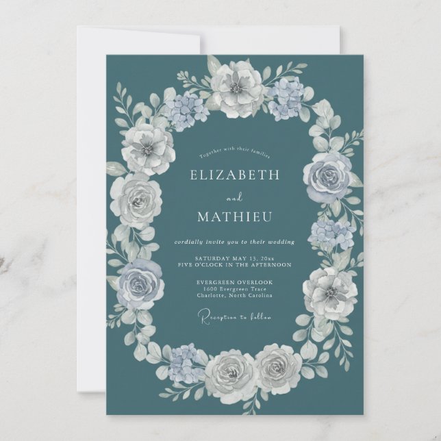 Invitation Mariage botanique hivernal teinté de sarcelle (Devant)