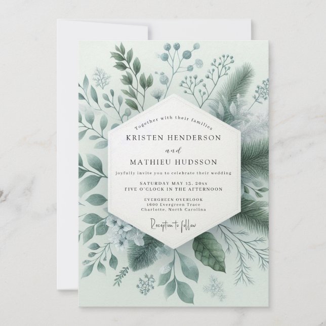 Invitation Mariage Botanique Hivernal Vert Sauge (Devant)