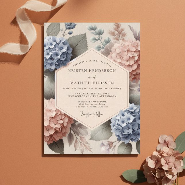 Invitation Mariage Botanique Hortensia Bleu Pêche (Créateur téléchargé)