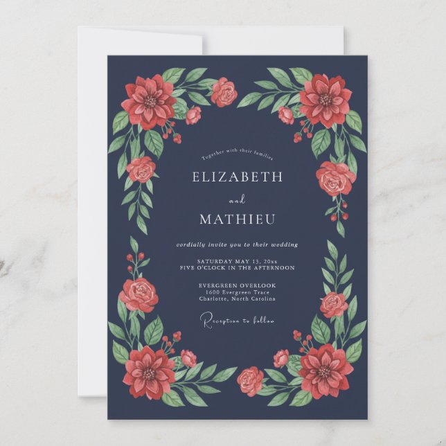 Invitation Mariage Botanique Humeur Bleu Marine (Devant)