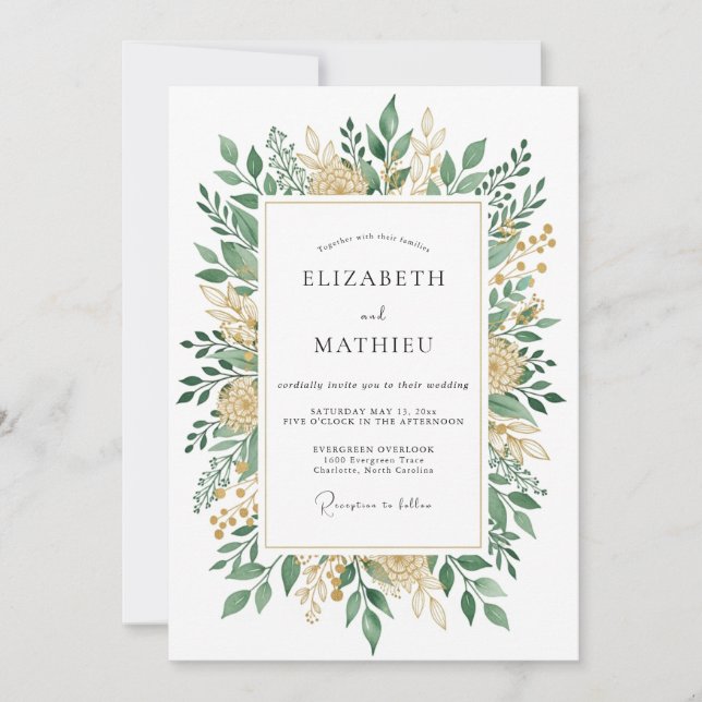 Invitation Mariage Botanique Idyllique Vert Sauge (Devant)