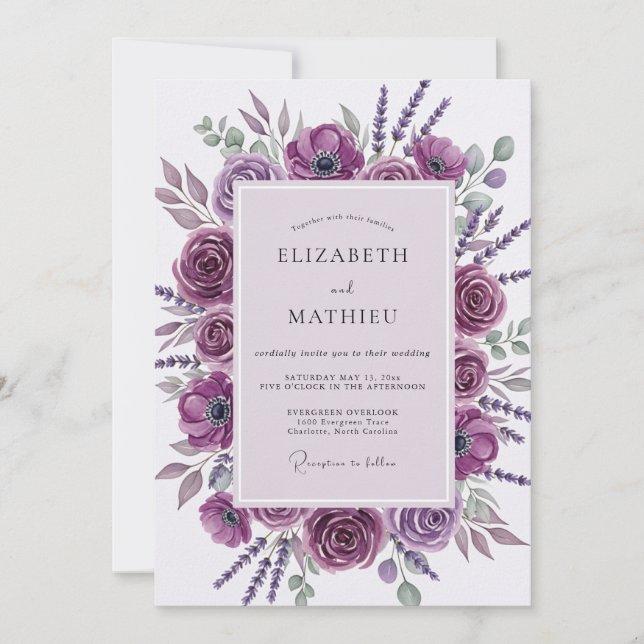 Invitation Mariage Botanique Illustre Pourpre (Devant)