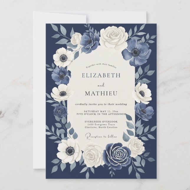 Invitation Mariage Botanique Impérial Bleu Nuit (Devant)
