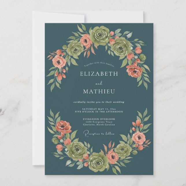 Invitation Mariage Botanique Impérial Bleu Paon (Devant)