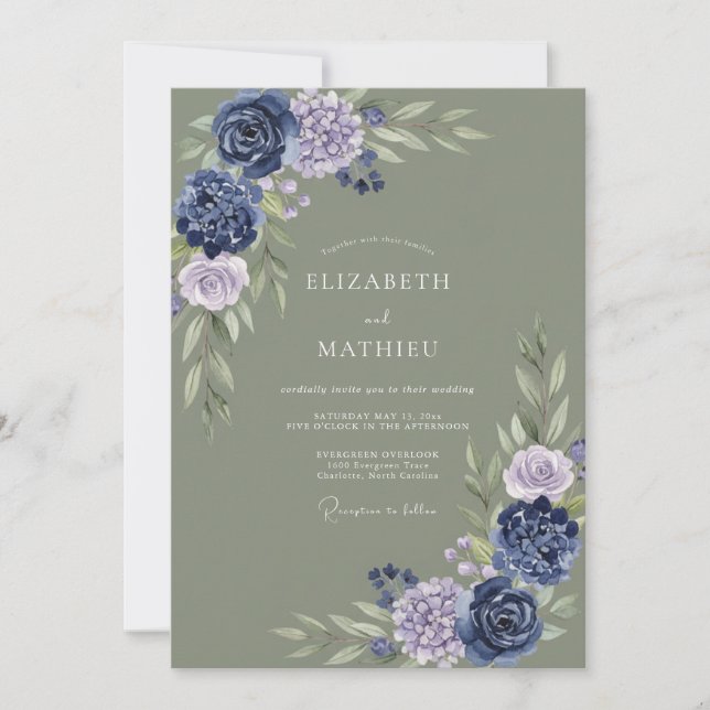 Invitation Mariage Botanique Indigo Sage (Devant)