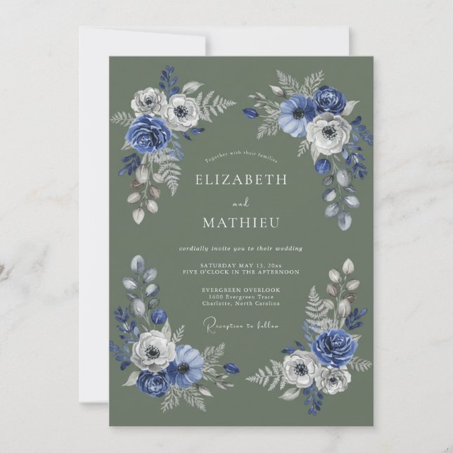 Invitation Mariage Botanique Indigo Verdant Flourish (Devant)