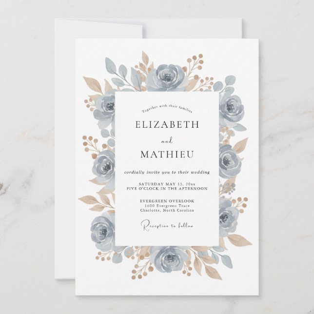 Invitation Mariage Botanique Intemporel Bleu Barbeau (Devant)