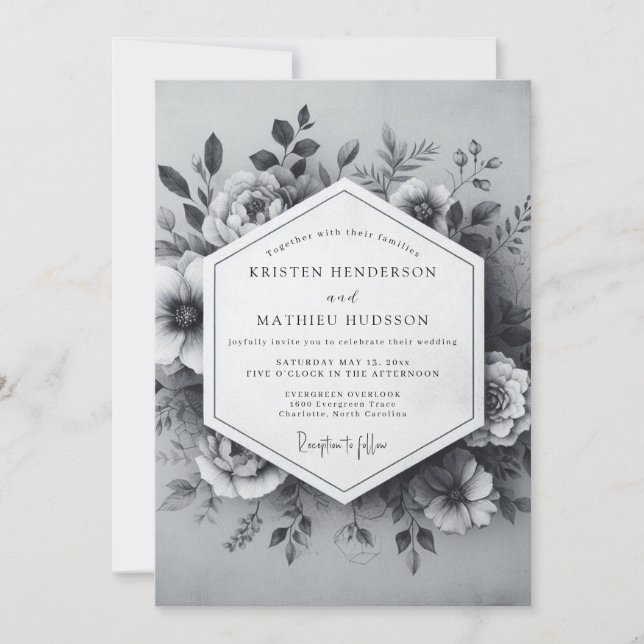 Invitation Mariage Botanique Intemporel Gris Charbon (Devant)