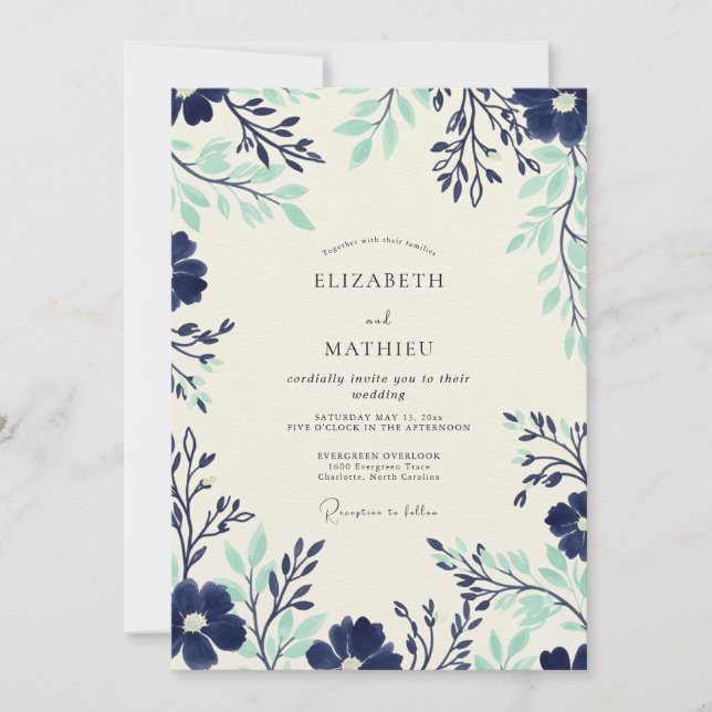 Invitation Mariage Botanique Intemporel Navy Seafoam (Devant)