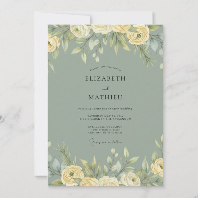 Invitation Mariage Botanique Intemporel Vert Sauge (Devant)