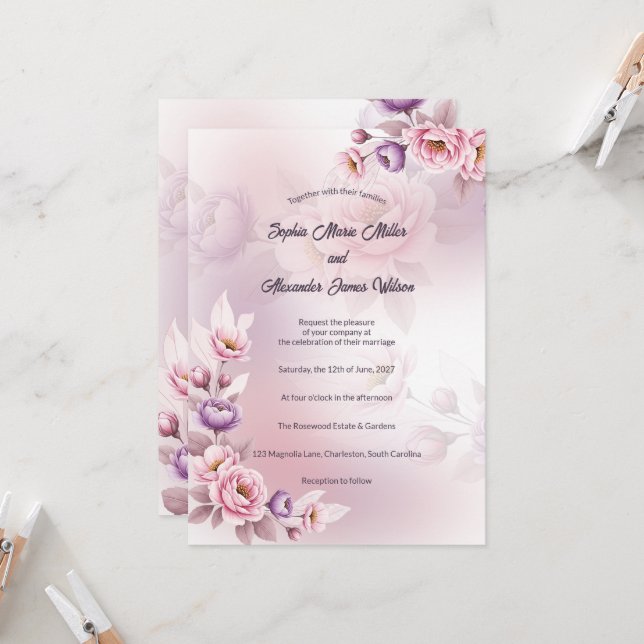 Invitation Mariage botanique Iris Violet Poussiéreux Blanc Pi (Devant/Arrière en situation)