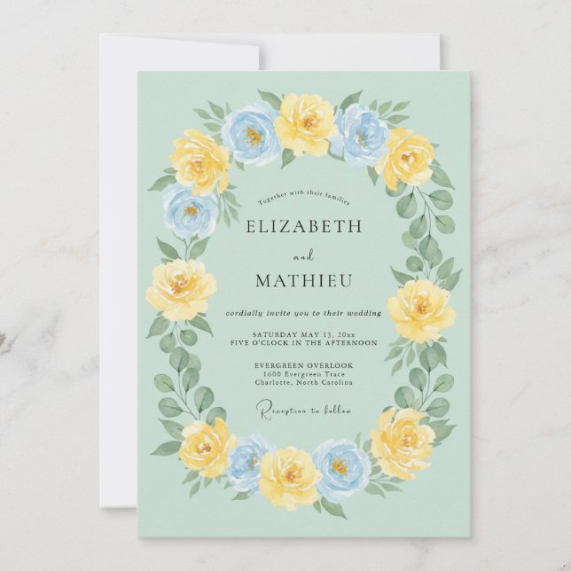Invitation Mariage Botanique Jaune Bleu Sauge (Devant)