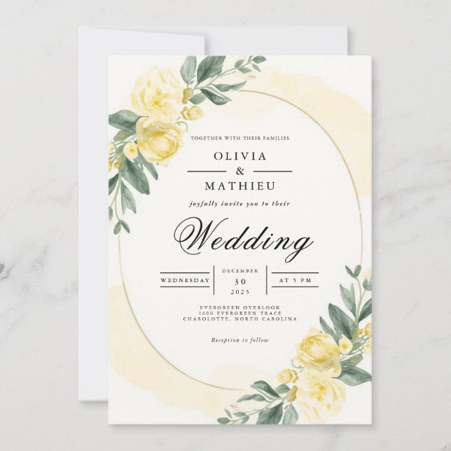 Invitation Mariage botanique jaune doux (Devant)