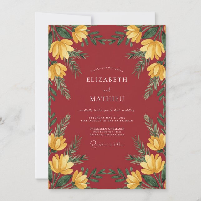 Invitation Mariage Botanique Jaune Écarlate (Devant)