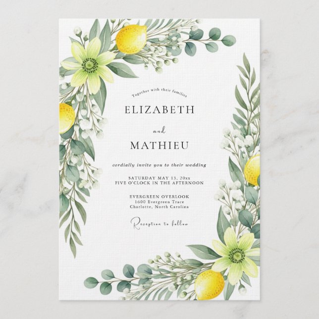 Invitation Mariage botanique jaune fantaisiste (Devant)