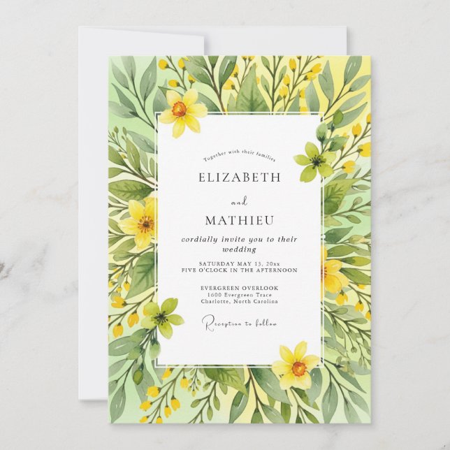 Invitation Mariage Botanique Jaune Joyeux de Printemps (Devant)
