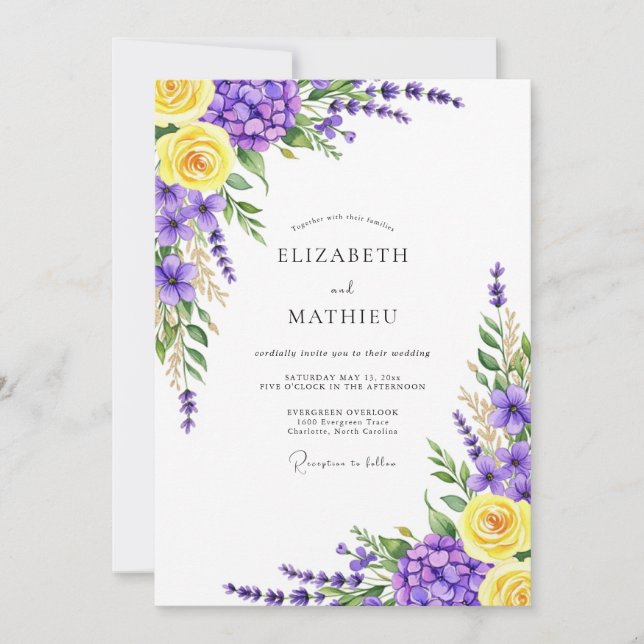 Invitation Mariage Botanique Jaune Lavande Fleurie (Devant)