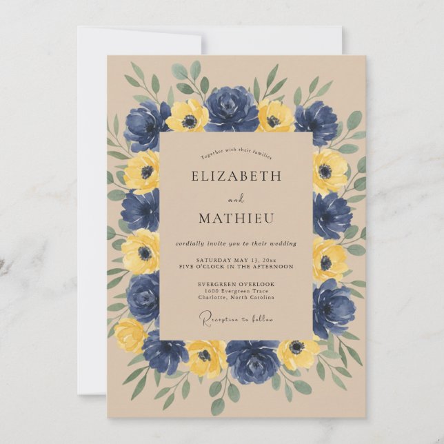 Invitation Mariage Botanique Jaune Navy Romance (Devant)