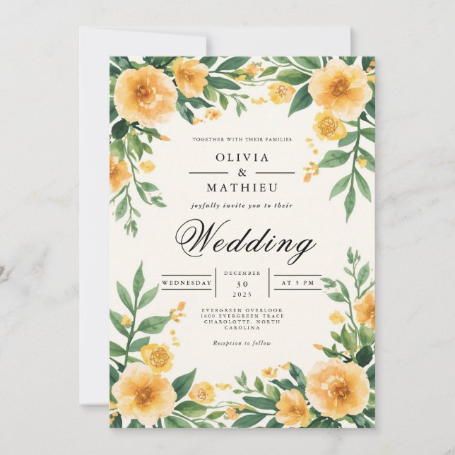 Invitation Mariage botanique jaune or (Devant)