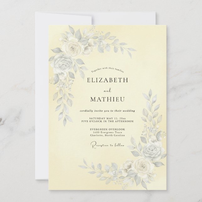 Invitation Mariage Botanique Jaune Pâle Fantaisiste (Devant)