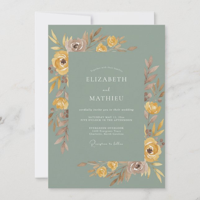 Invitation Mariage Botanique Jaune Sauge Élégant (Devant)