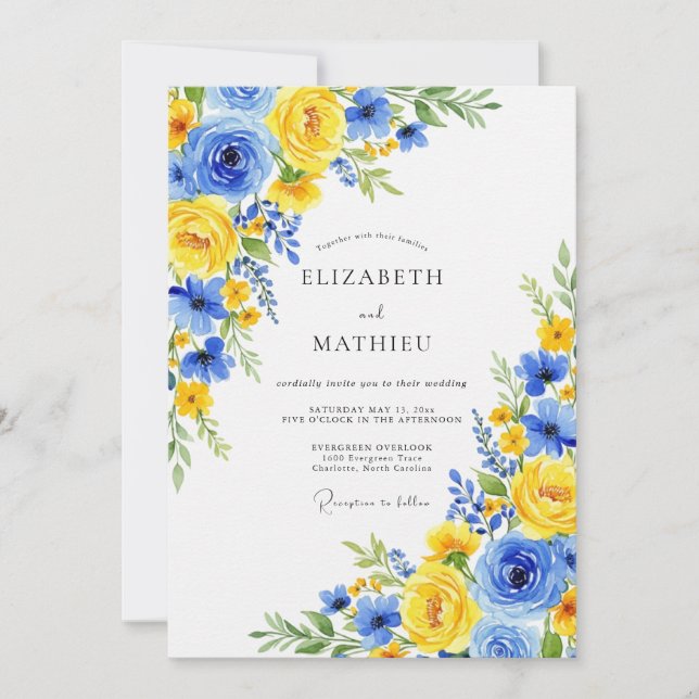 Invitation Mariage Botanique Joyeux Bleu Barbeau (Devant)